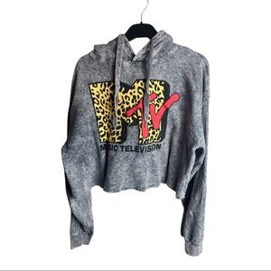 MTV grey stone washed crop top hoodie drawstring